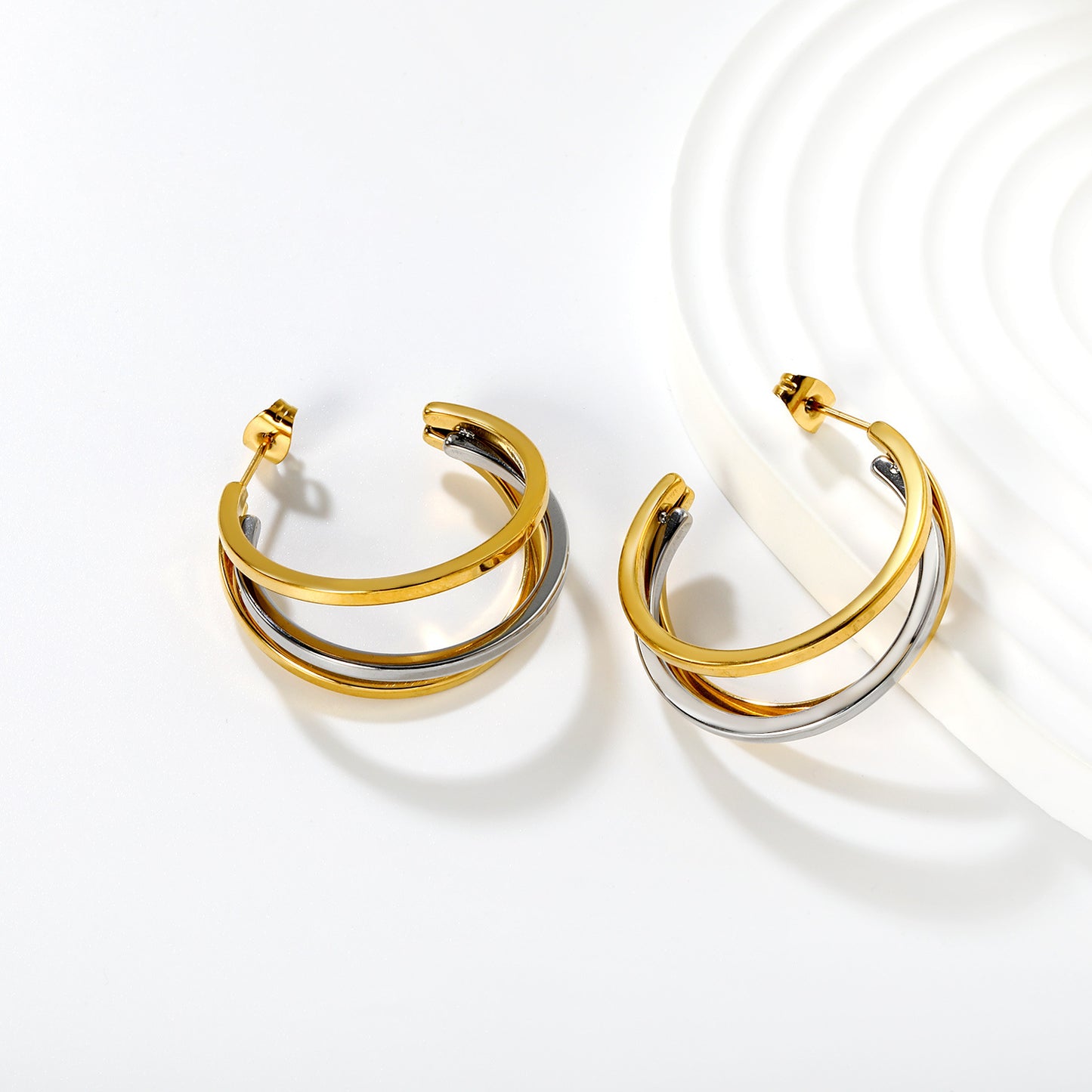 Bulk Waterproof PVD Gold & Rhodium Two-Tone Circle Earrings