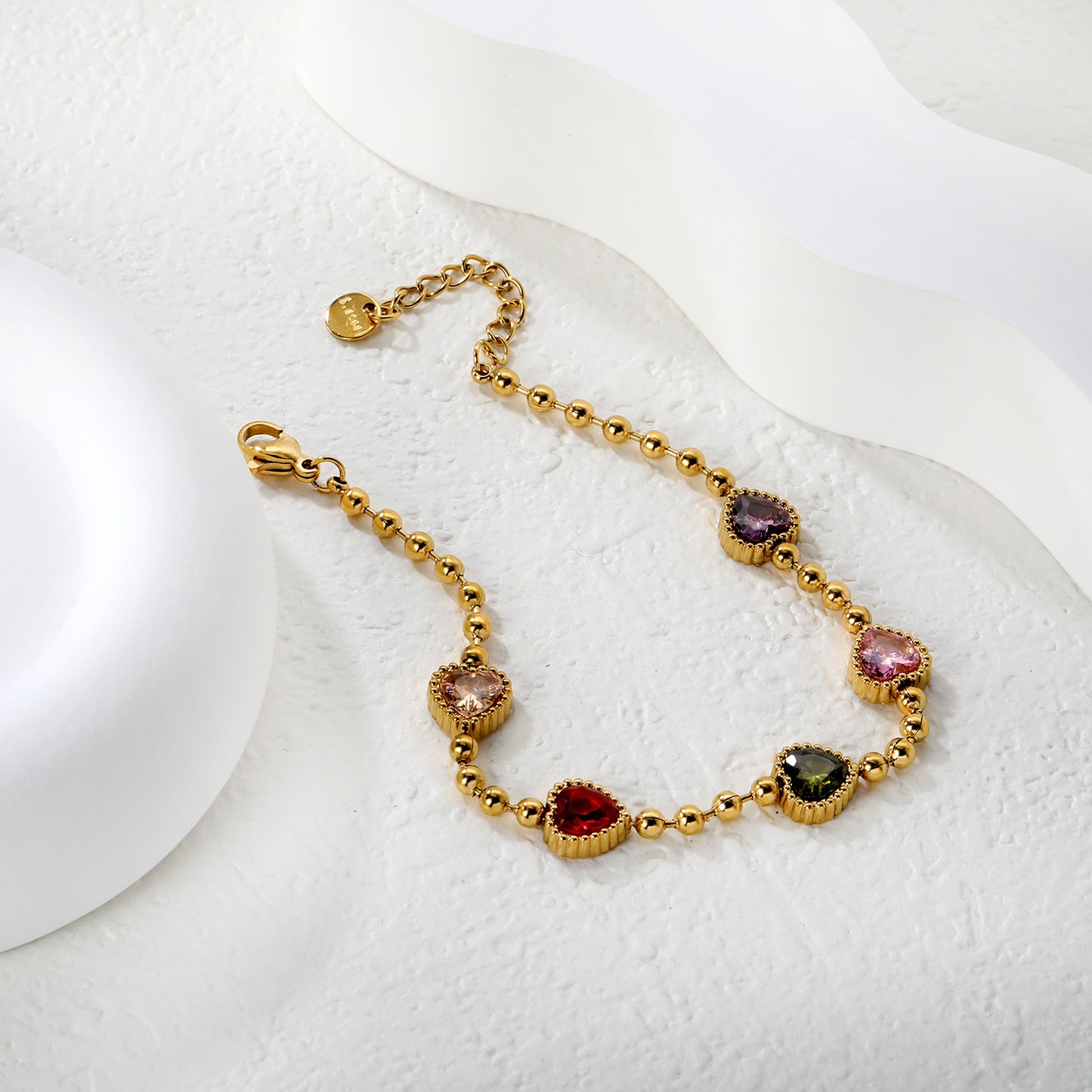 Bulk PVD Gold Colorful Heart Zircon Bead Bracelet Waterproof