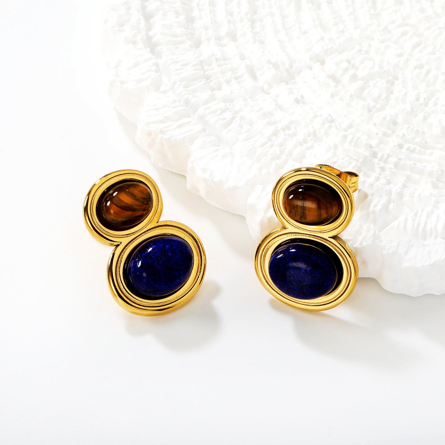 Wholesale Waterproof Tiger Eye & Lapis Lazuli Sculpted Geometric Earrings