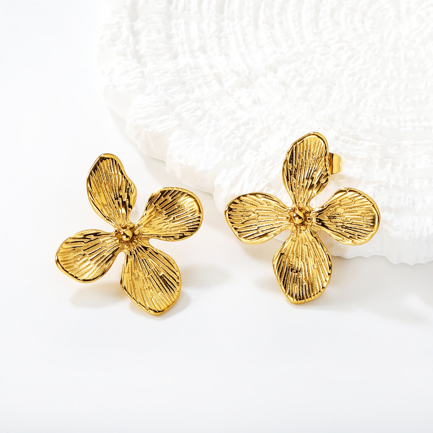 Bulk PVD Gold Relief-Textured Sculpted Botanical Petal Earrings