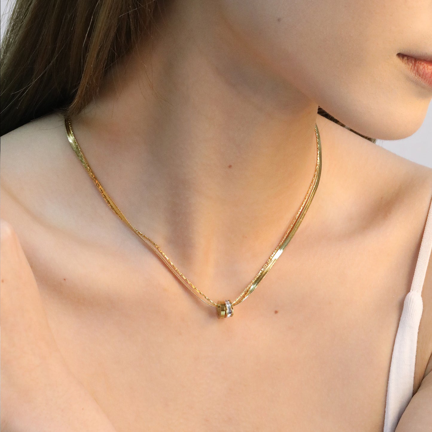 Wholesale Waterproof PVD Gold Double Layer Snake Chain CZ Necklace