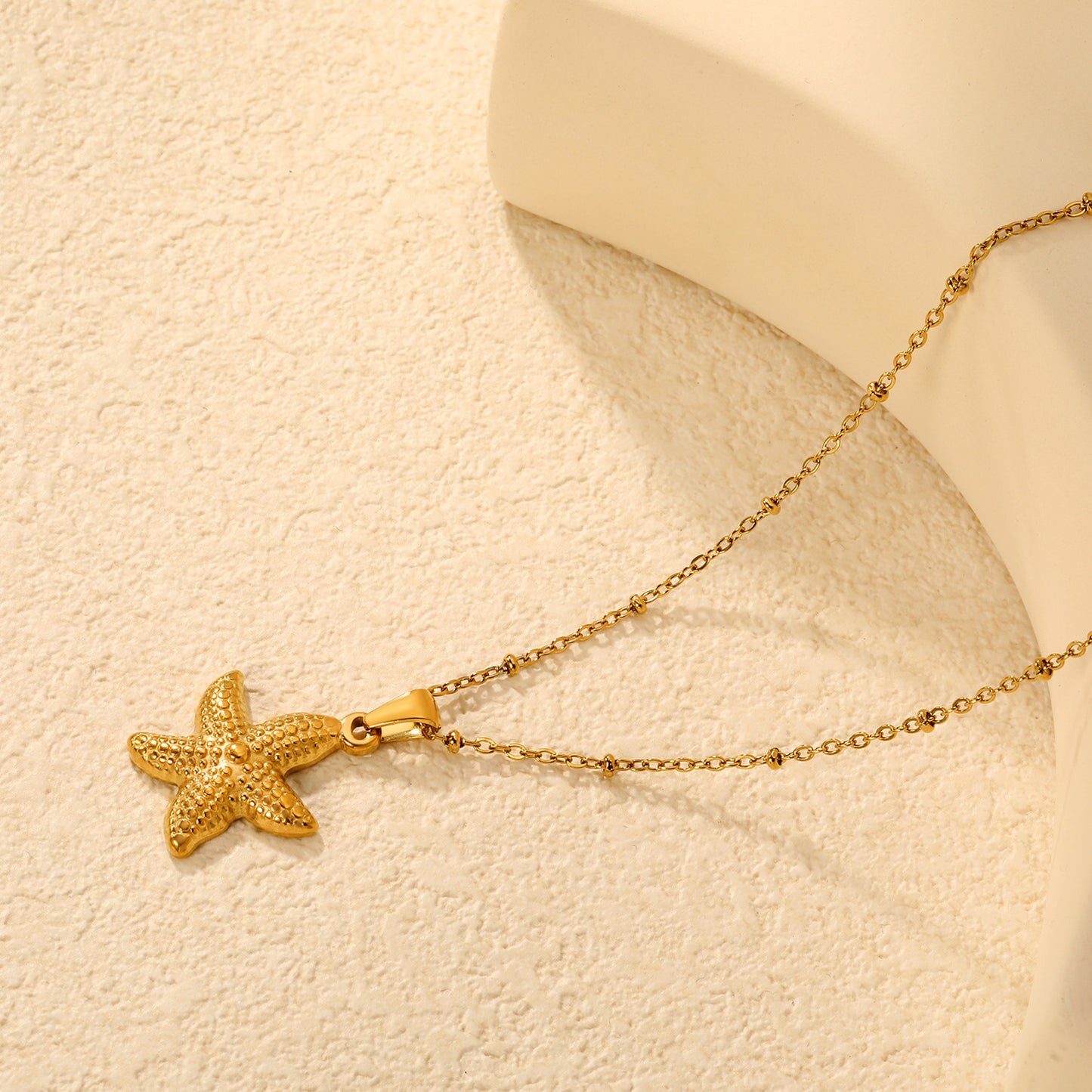 Bulk PVD Gold Sculpted Starfish Texture Bead Chain Necklace