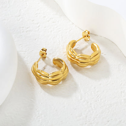 Retro Modernist Twisted Texture C-Hoop Earrings Stainless Steel Waterproof