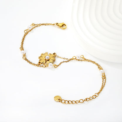 Bulk PVD Gold Double Layer Sunflower Pearl Inlay Bracelet