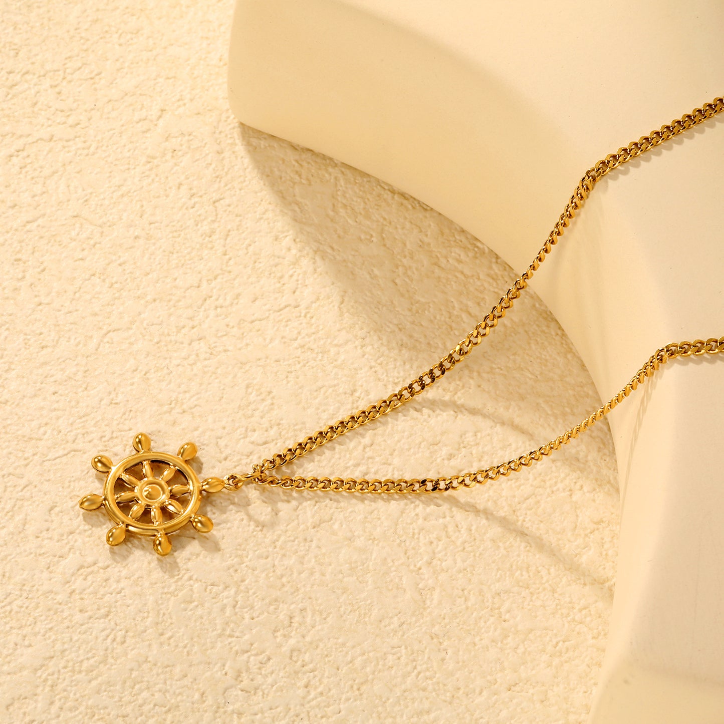 Wholesale Waterproof PVD Gold Sculpted Nautical Rudder Necklace