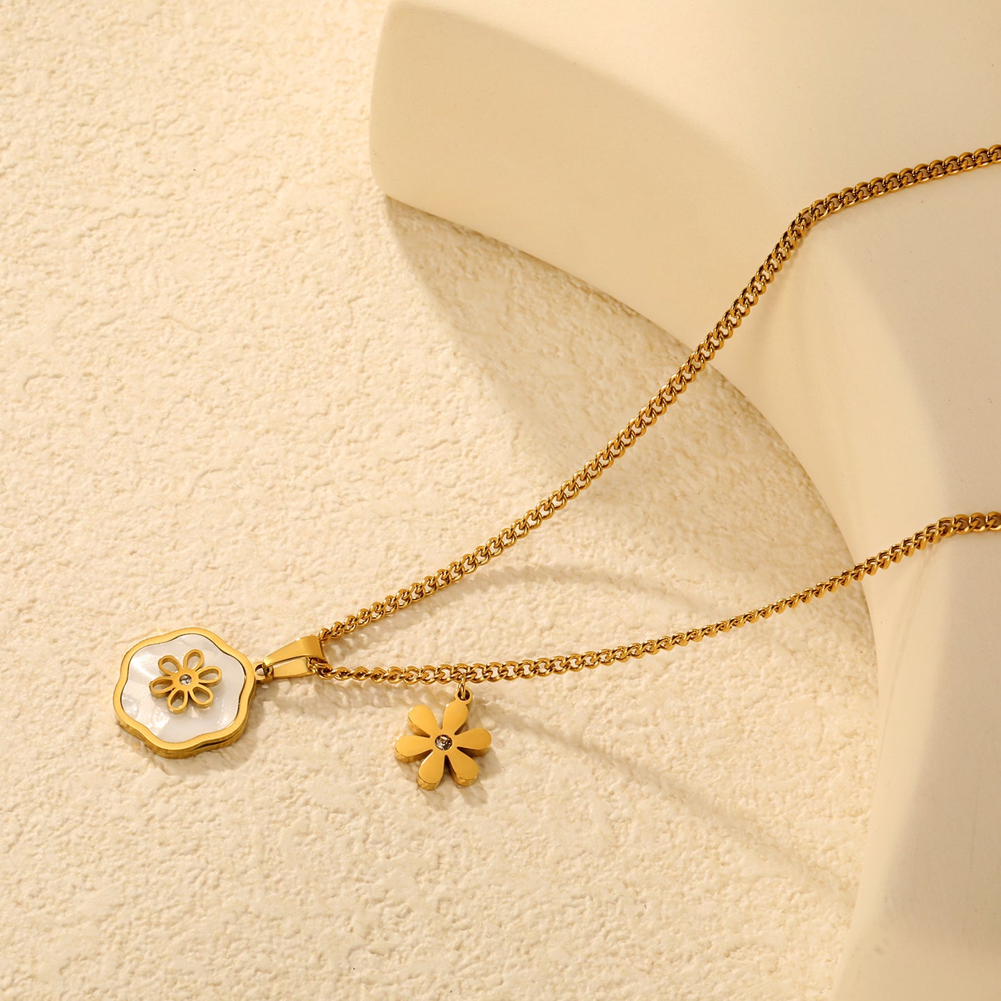 Bulk PVD Gold Sculpted White Flower & Shell Pearl Side-Drop Necklace