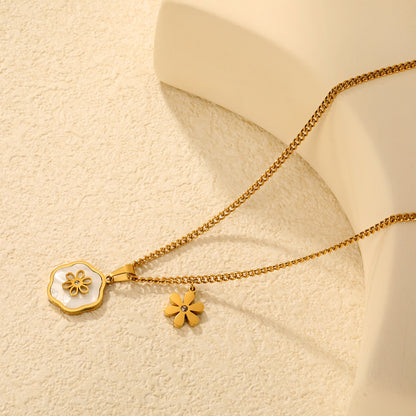 Bulk PVD Gold Sculpted White Flower & Shell Pearl Side-Drop Necklace