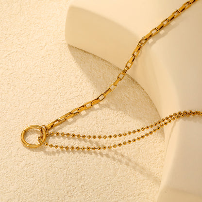 Minimalist Layered Rectangular & Bead Chain Necklace Stainless Steel