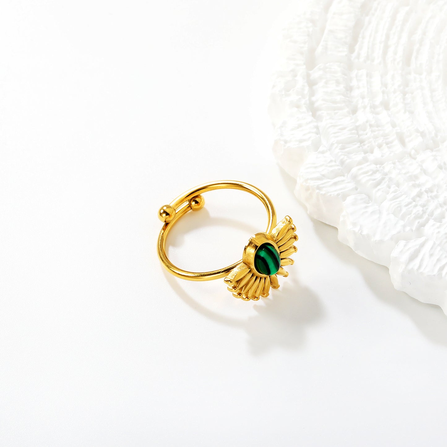 Wholesale Waterproof PVD Gold Malachite Sunflower Open Ring