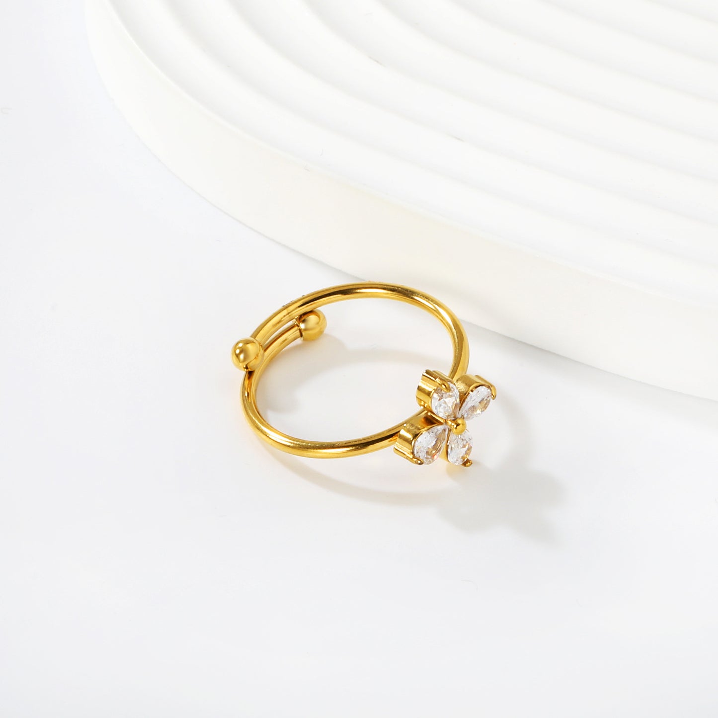 Bulk PVD Gold Sculpted Five-Petal Zircon Flower Open Ring