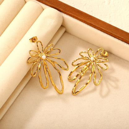 Bulk PVD Gold Sculpted Hollow Floral Mother-of-Pearl Earrings