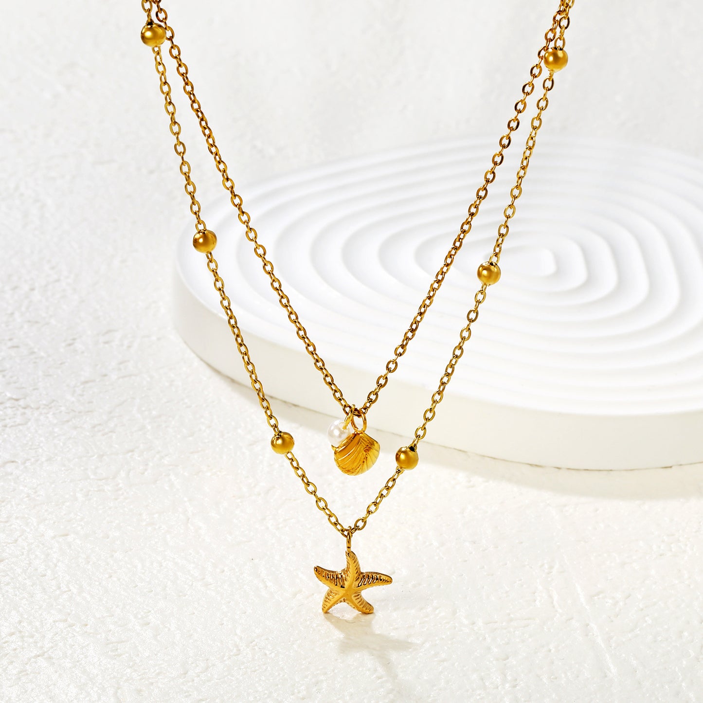 Wholesale Waterproof PVD Gold Pre-Layered Starfish & Disk Necklace