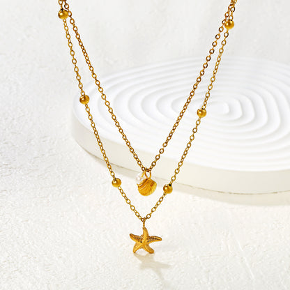 Wholesale Waterproof PVD Gold Pre-Layered Starfish & Disk Necklace