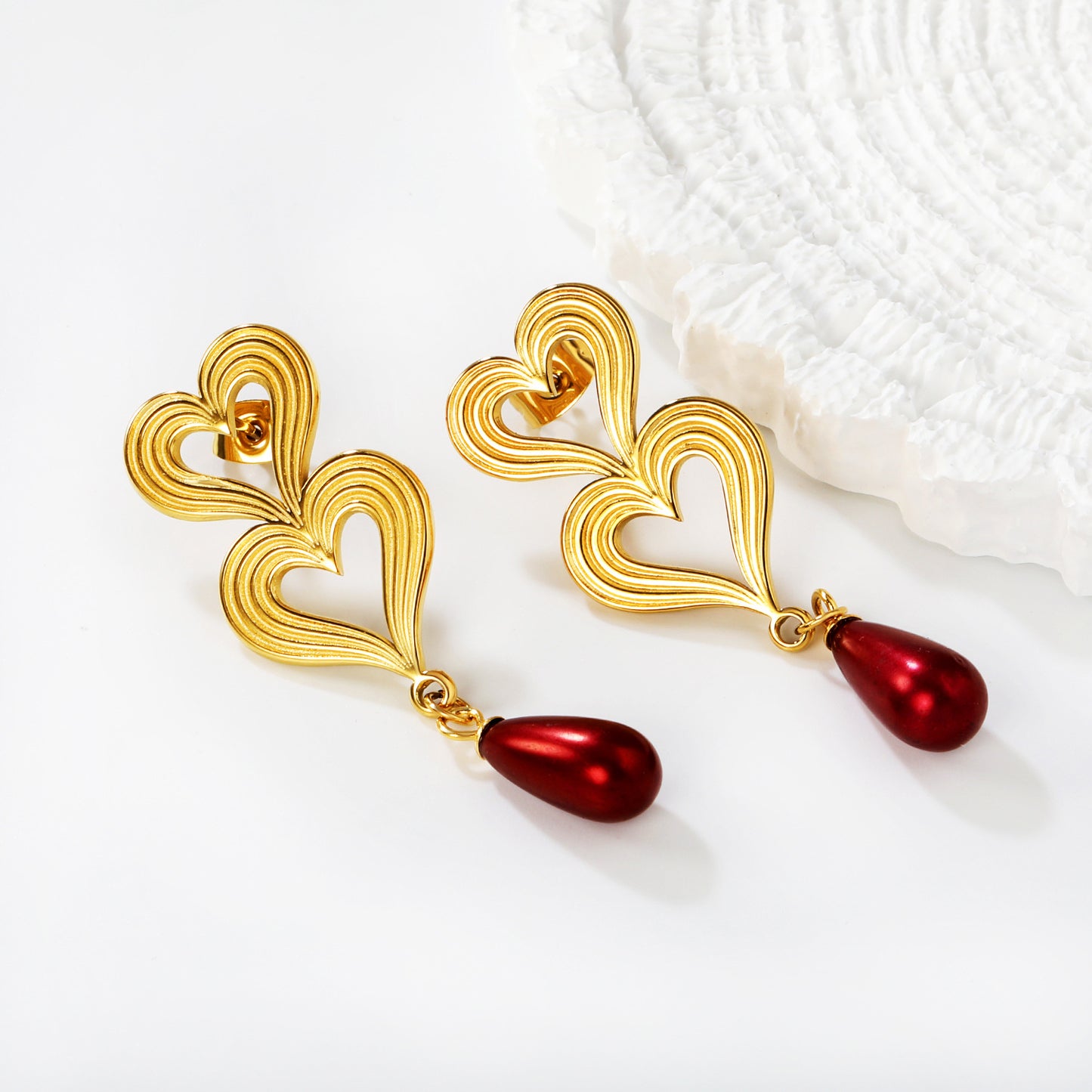 Bulk Stainless Steel Pearl Earrings | Red Drop Heart Studs