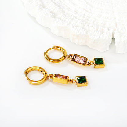 Stainless Steel Earrings | Pink & Green Zircon Square Hoops