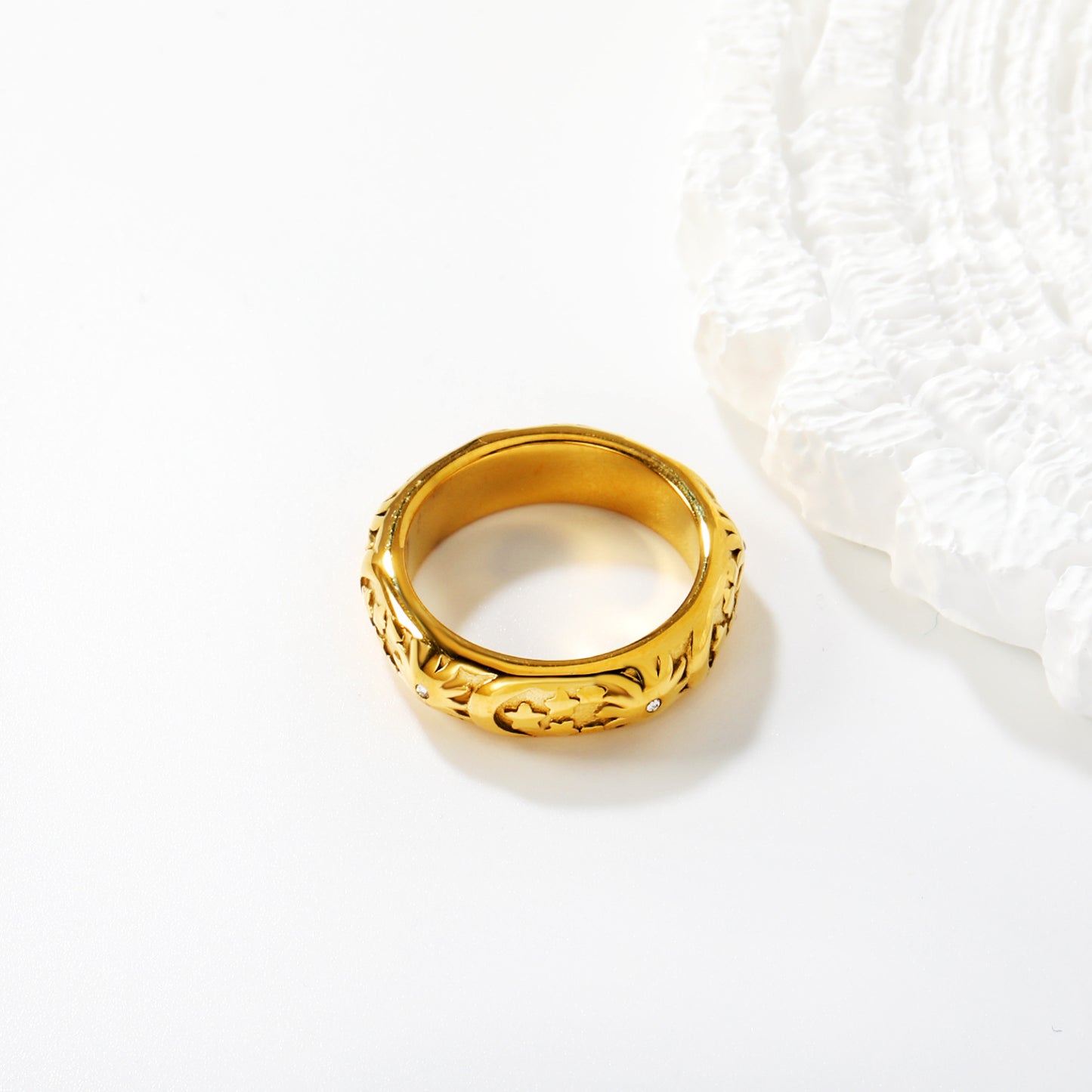 Bulk PVD Gold Sculpted Hollow Pattern Zircon Statement Ring