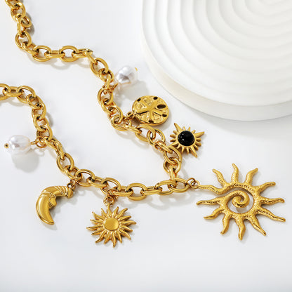 Boho-Chic Cuban Chain with Celestial Charms & Pearls Stainless Steel