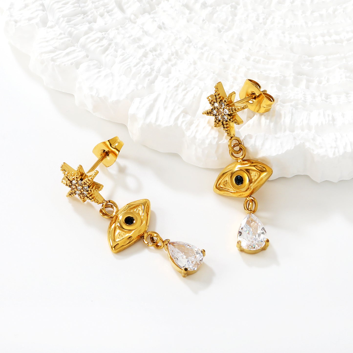Bulk PVD Gold Sculpted Evil Eye, Starburst & Droplet Earrings