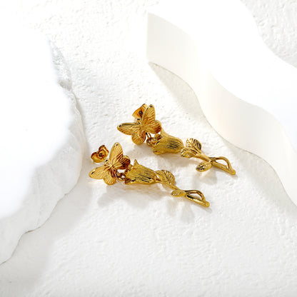Vintage Floral & Butterfly Motif Earrings Stainless Steel Waterproof