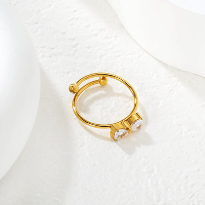 Wholesale Waterproof PVD Gold Double CZ Heart Dainty Open Ring