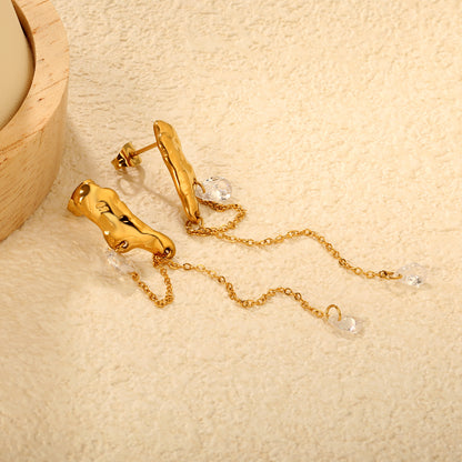 Stainless Steel Earrings | Hammered Zircon Tassel Dangle