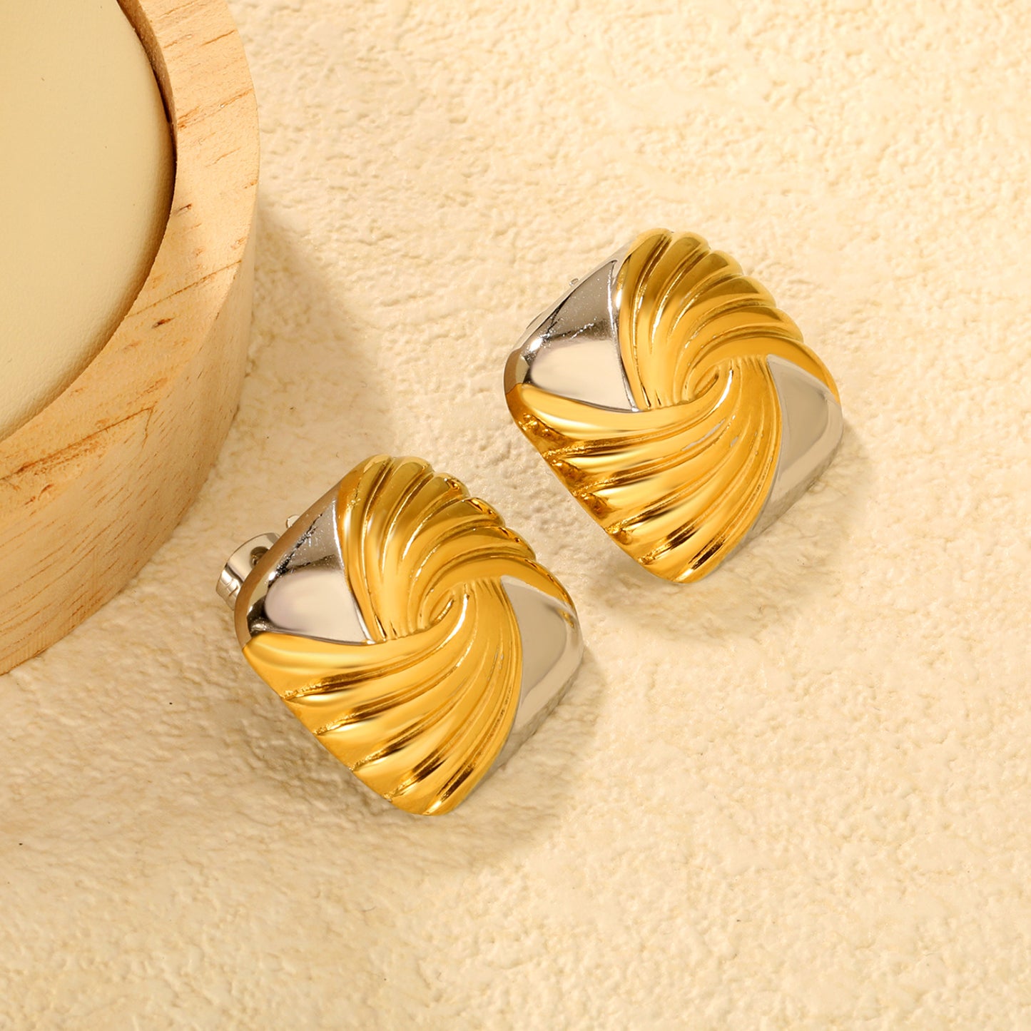 Bulk Two-Tone Sculpted Twisted Texture Square Statement Earrings