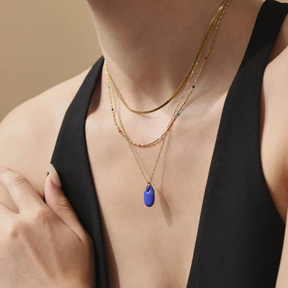 Wholesale Waterproof PVD Gold Sculpted Oval Gemstone Pendant Necklace
