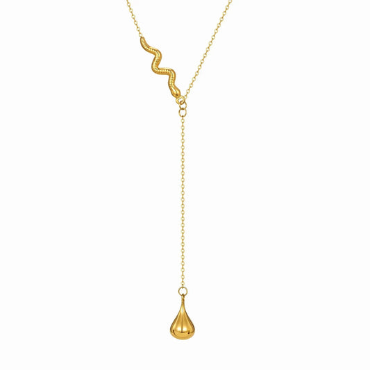 Wholesale Waterproof PVD Gold Sculpted Snake & Drop Y-Necklace