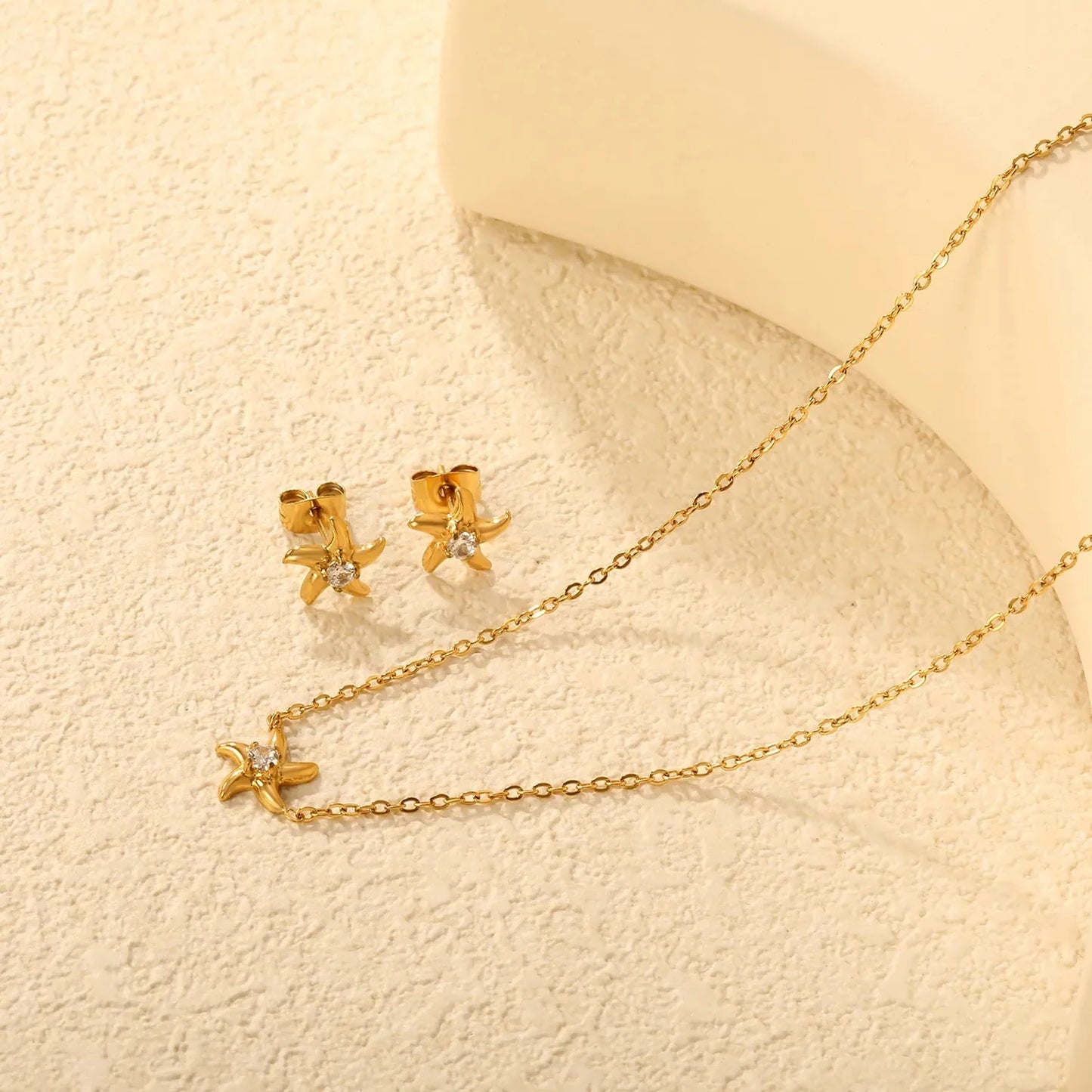 Beach Jewelry Set for Women Gold Plated 304L Steel Starfish Pendant & Earrings