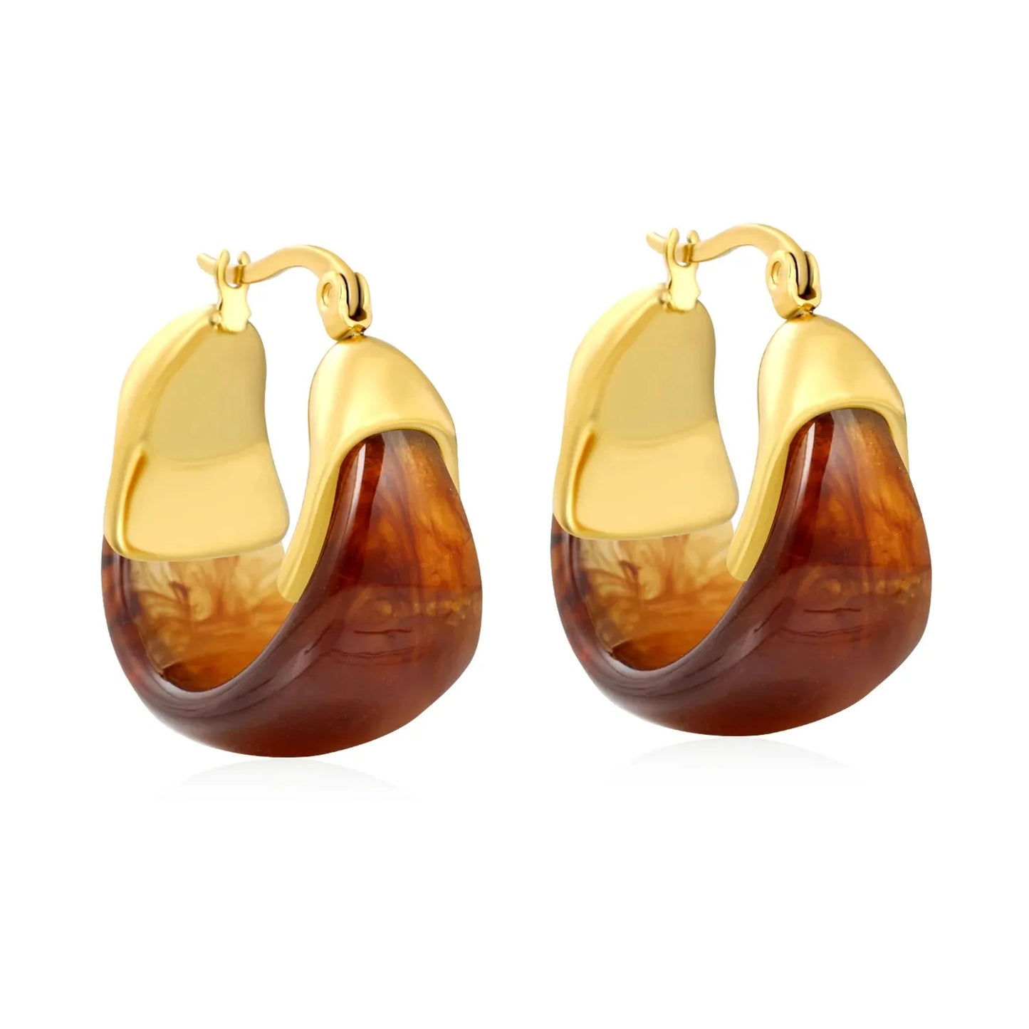 Aesthetic 304L Stainless Steel Wide Hoops | Marble Resin Gold Earrings
