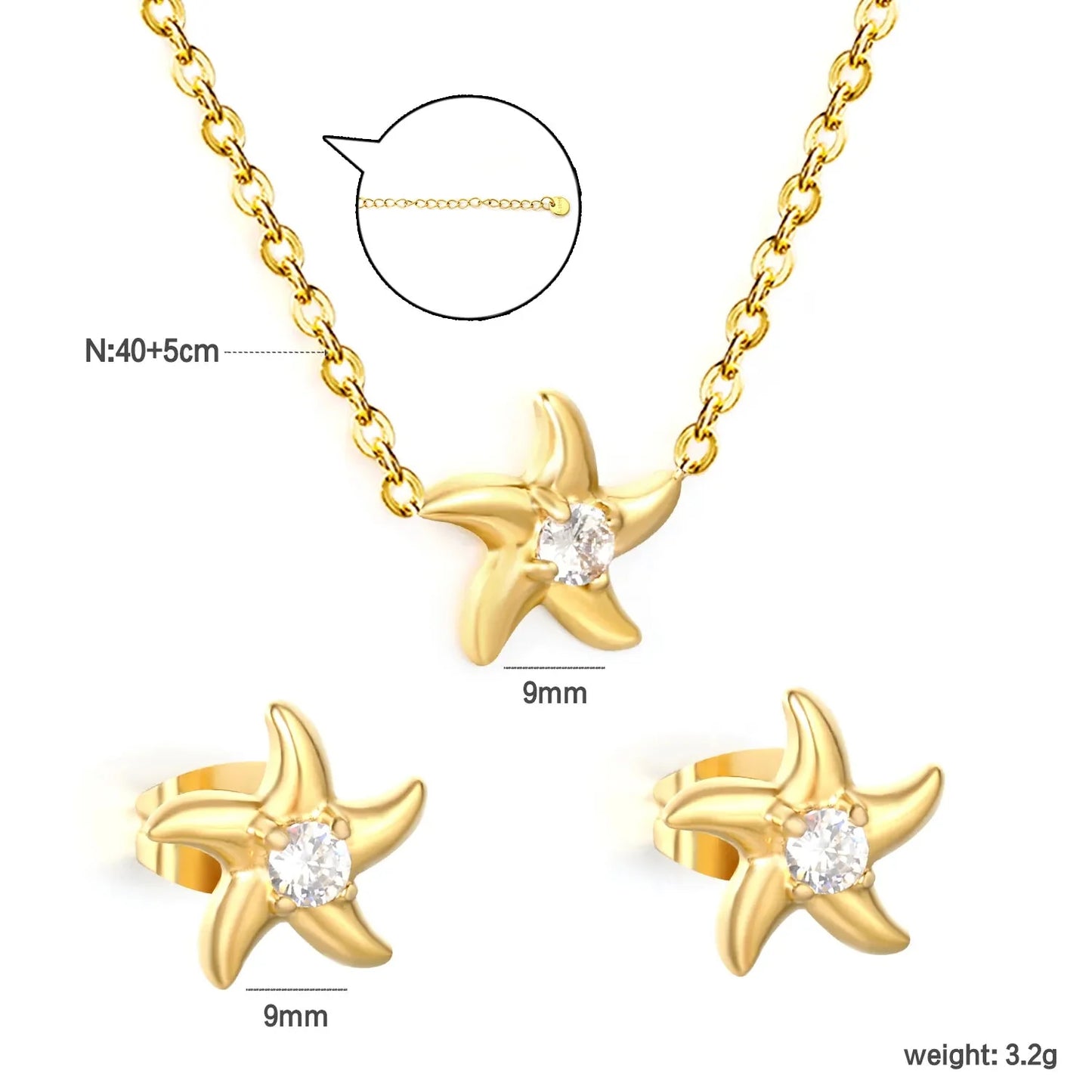 Beach Jewelry Set for Women Gold Plated 304L Steel Starfish Pendant & Earrings