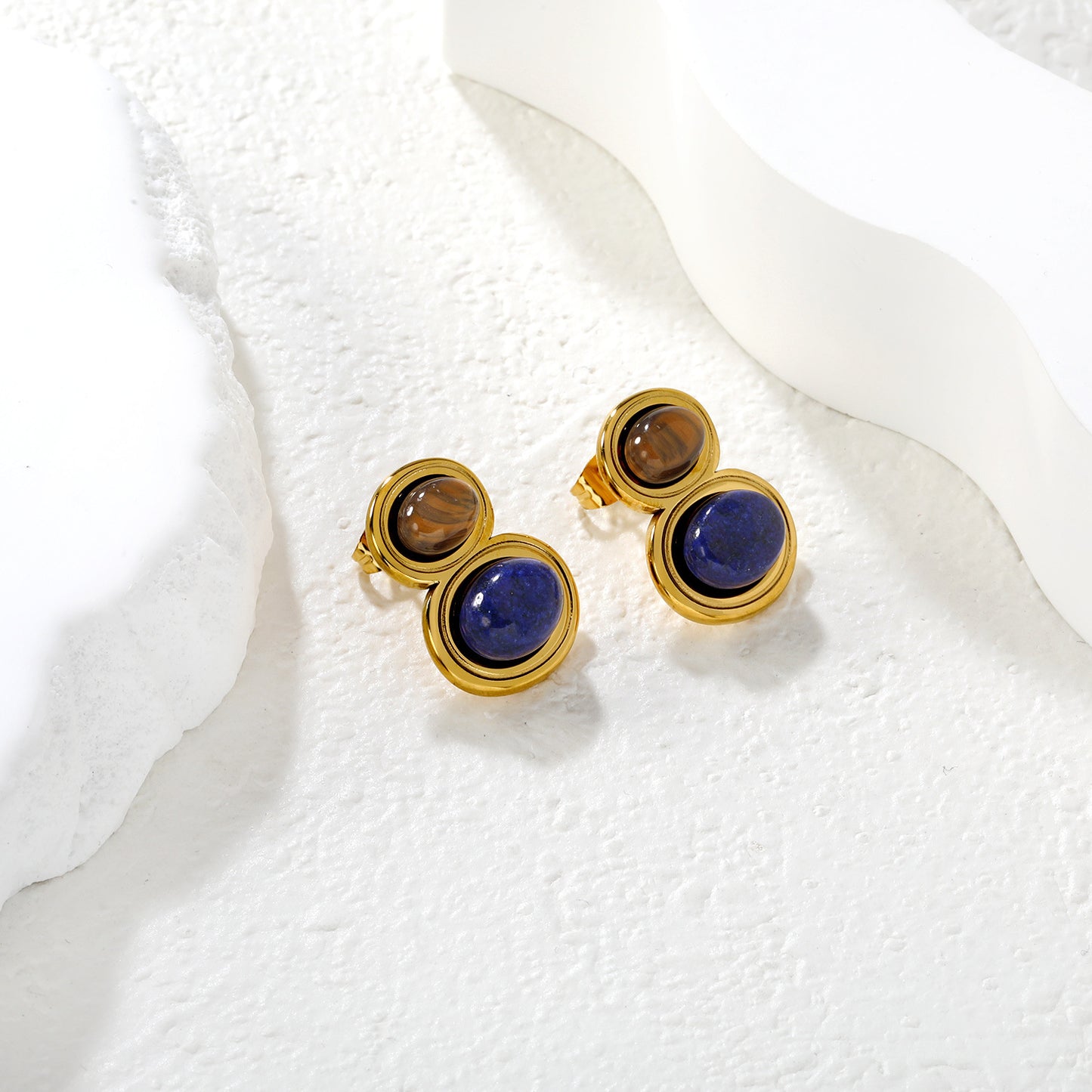 Wholesale Waterproof Tiger Eye & Lapis Lazuli Sculpted Geometric Earrings