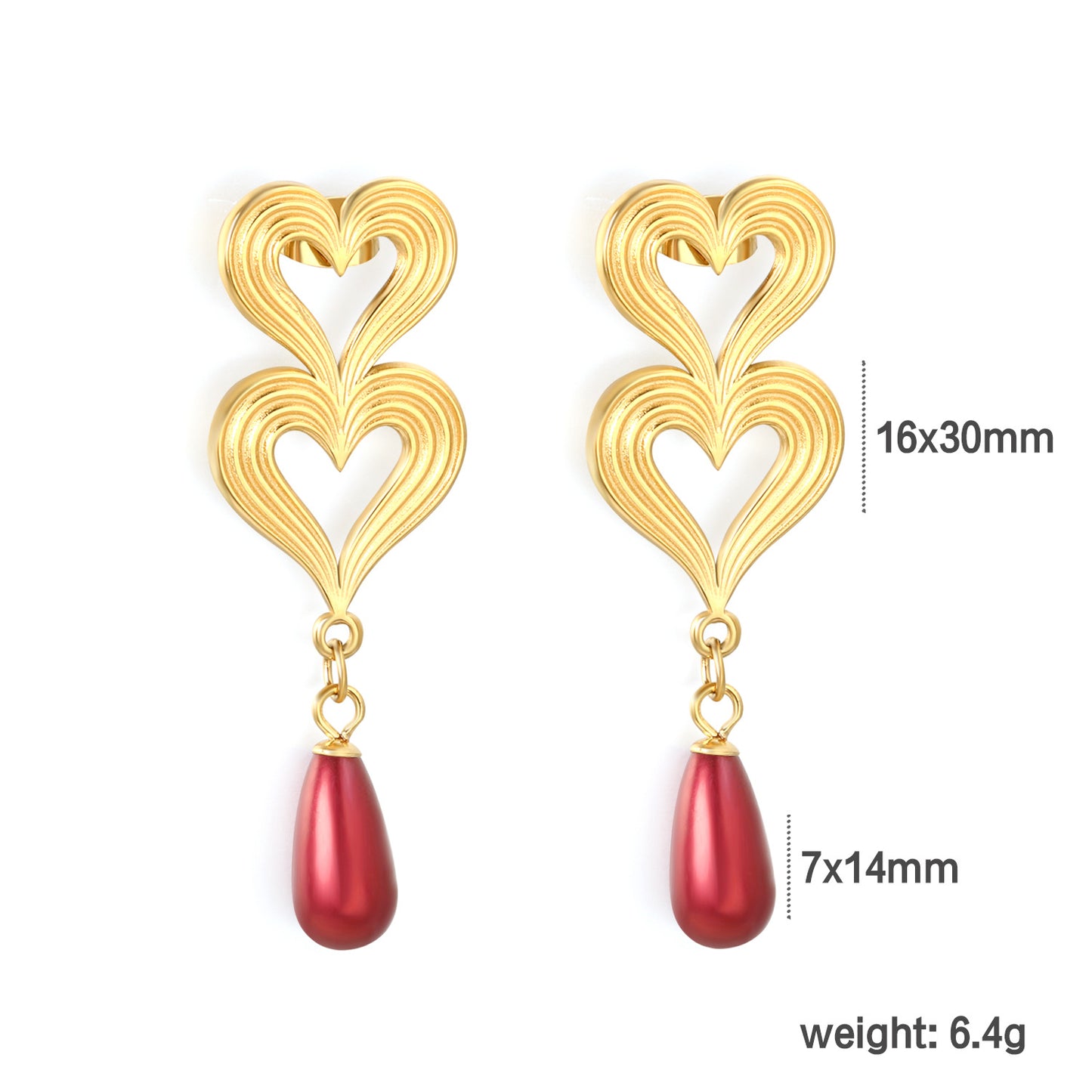 Bulk Stainless Steel Pearl Earrings | Red Drop Heart Studs