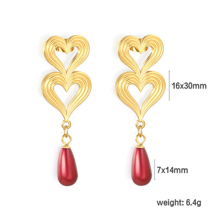 Bulk Stainless Steel Pearl Earrings | Red Drop Heart Studs