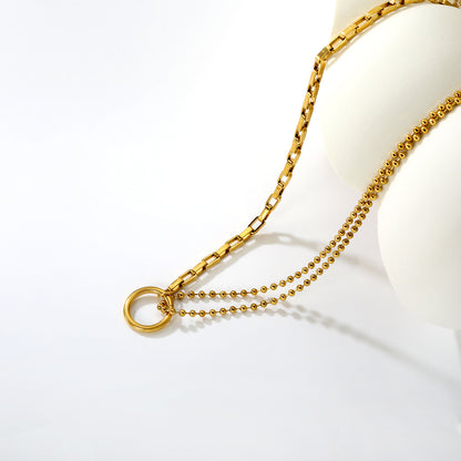 Minimalist Layered Rectangular & Bead Chain Necklace Stainless Steel