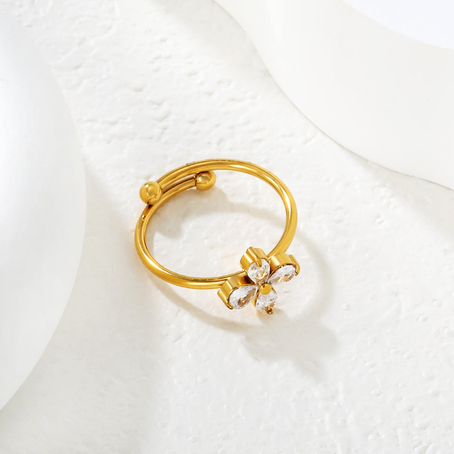 Bulk PVD Gold Sculpted Five-Petal Zircon Flower Open Ring