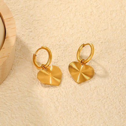 Bulk PVD Gold Sunburst Heart Radial Texture Charm Hoop Earrings
