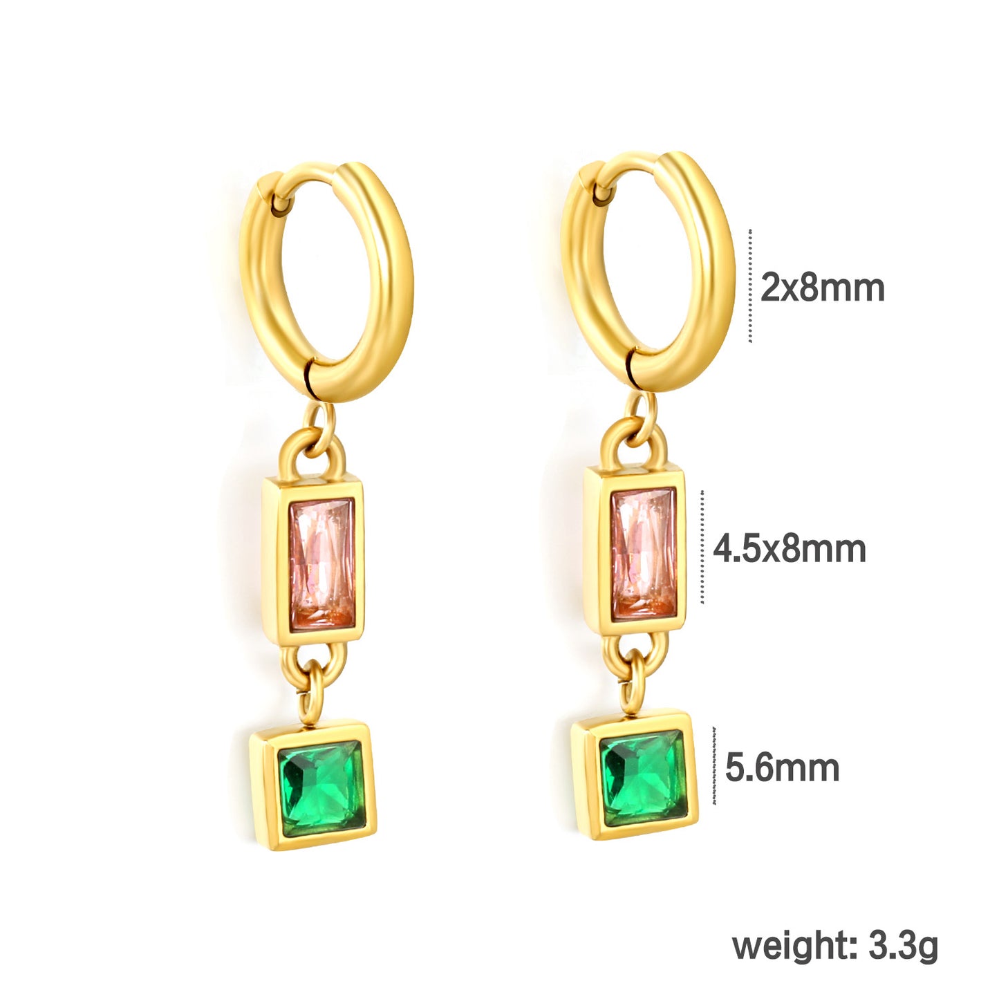 Stainless Steel Earrings | Pink & Green Zircon Square Hoops