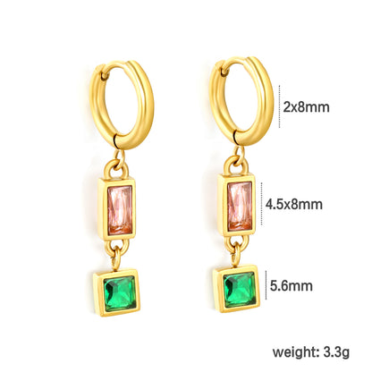 Stainless Steel Earrings | Pink & Green Zircon Square Hoops