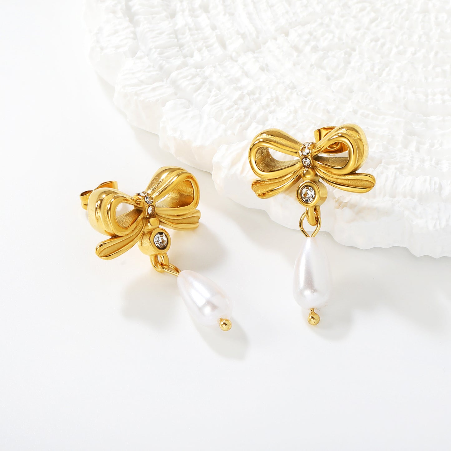 Bulk PVD Gold Sculpted Bowknot & Shell Pearl Drop Studs