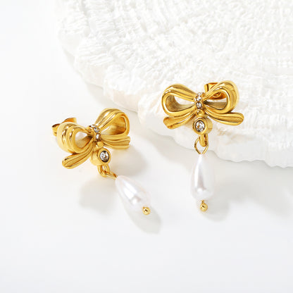 Bulk PVD Gold Sculpted Bowknot & Shell Pearl Drop Studs