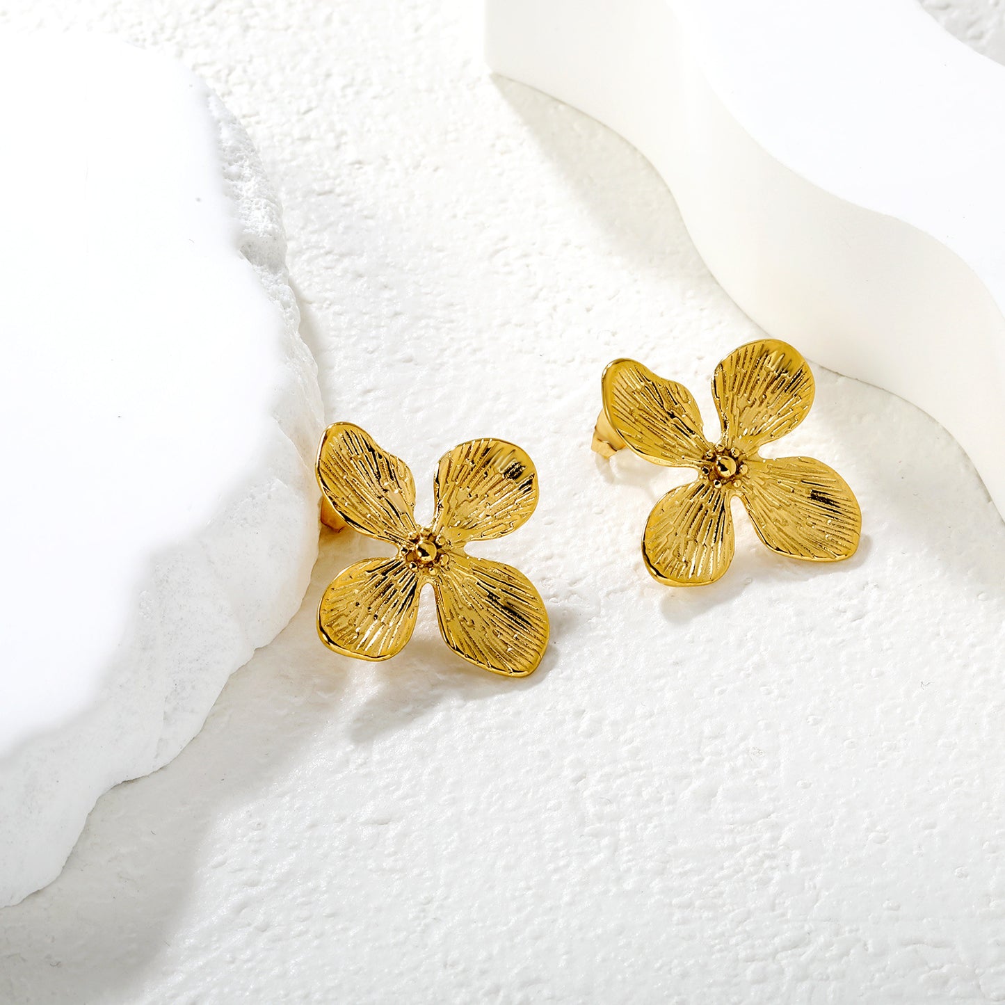 Bulk PVD Gold Relief-Textured Sculpted Botanical Petal Earrings