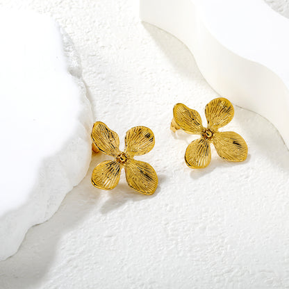 Bulk PVD Gold Relief-Textured Sculpted Botanical Petal Earrings