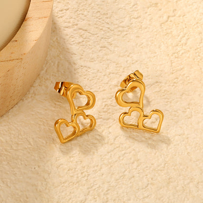 Tiny Triple Heart Stacked Studs Stainless Steel Waterproof