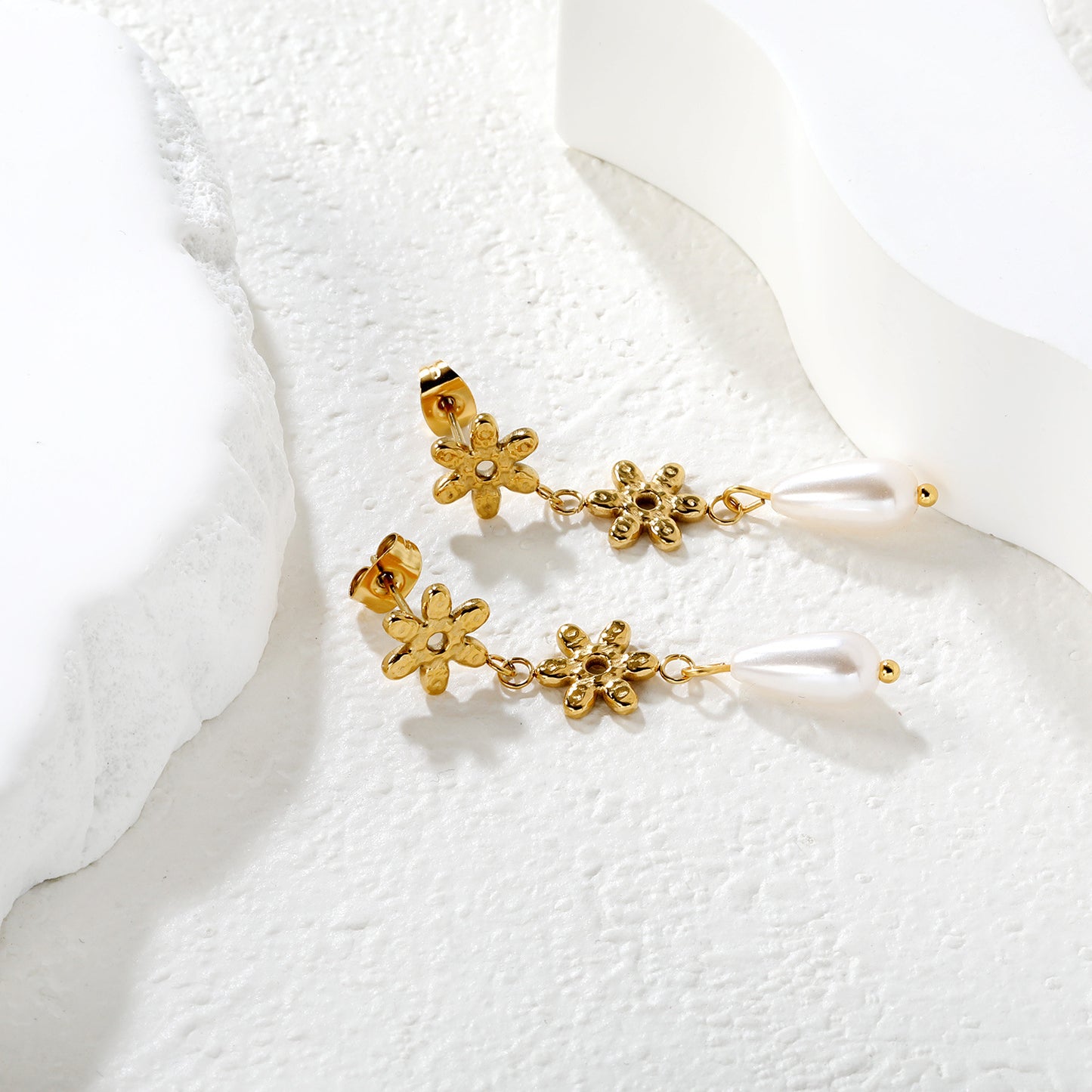 Healing Nature-Inspired Flower & Pearl Studs Stainless Steel Non-Tarnish