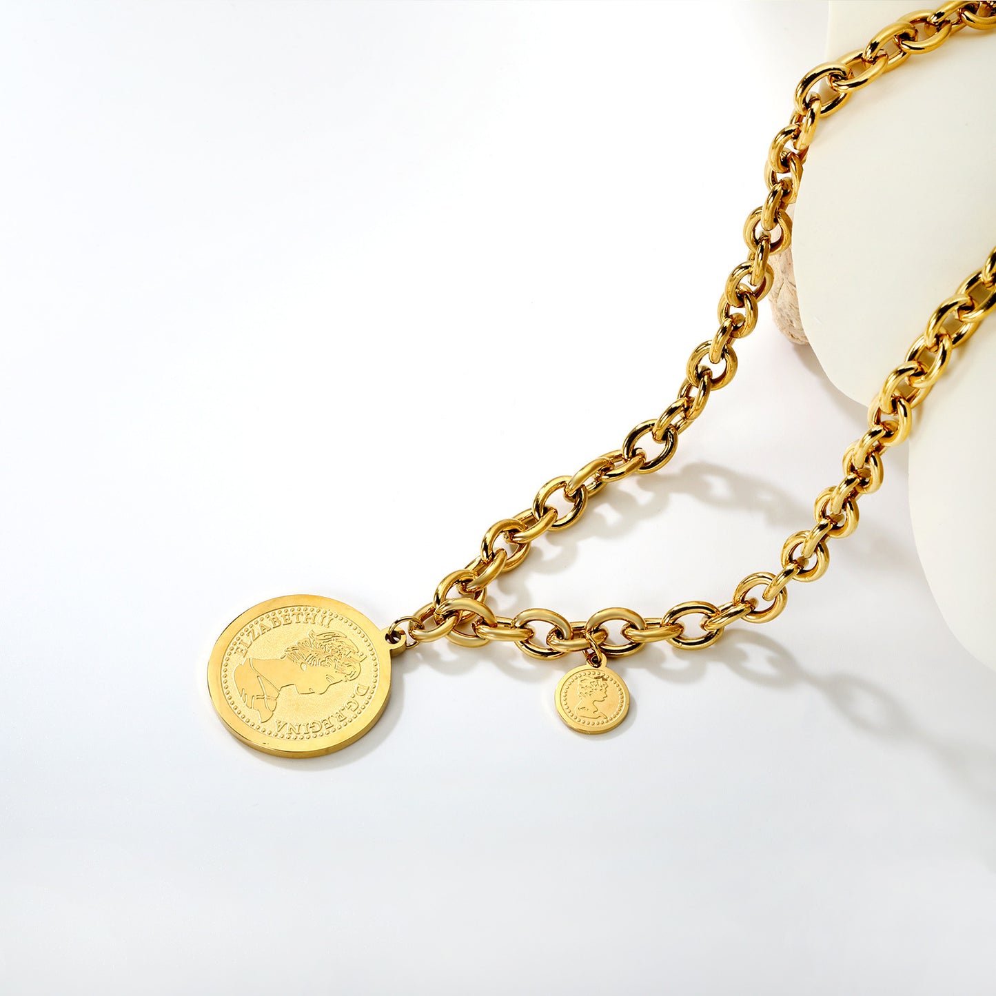 Bulk PVD Gold Embossed Coin Pendant Cuban Link Necklace