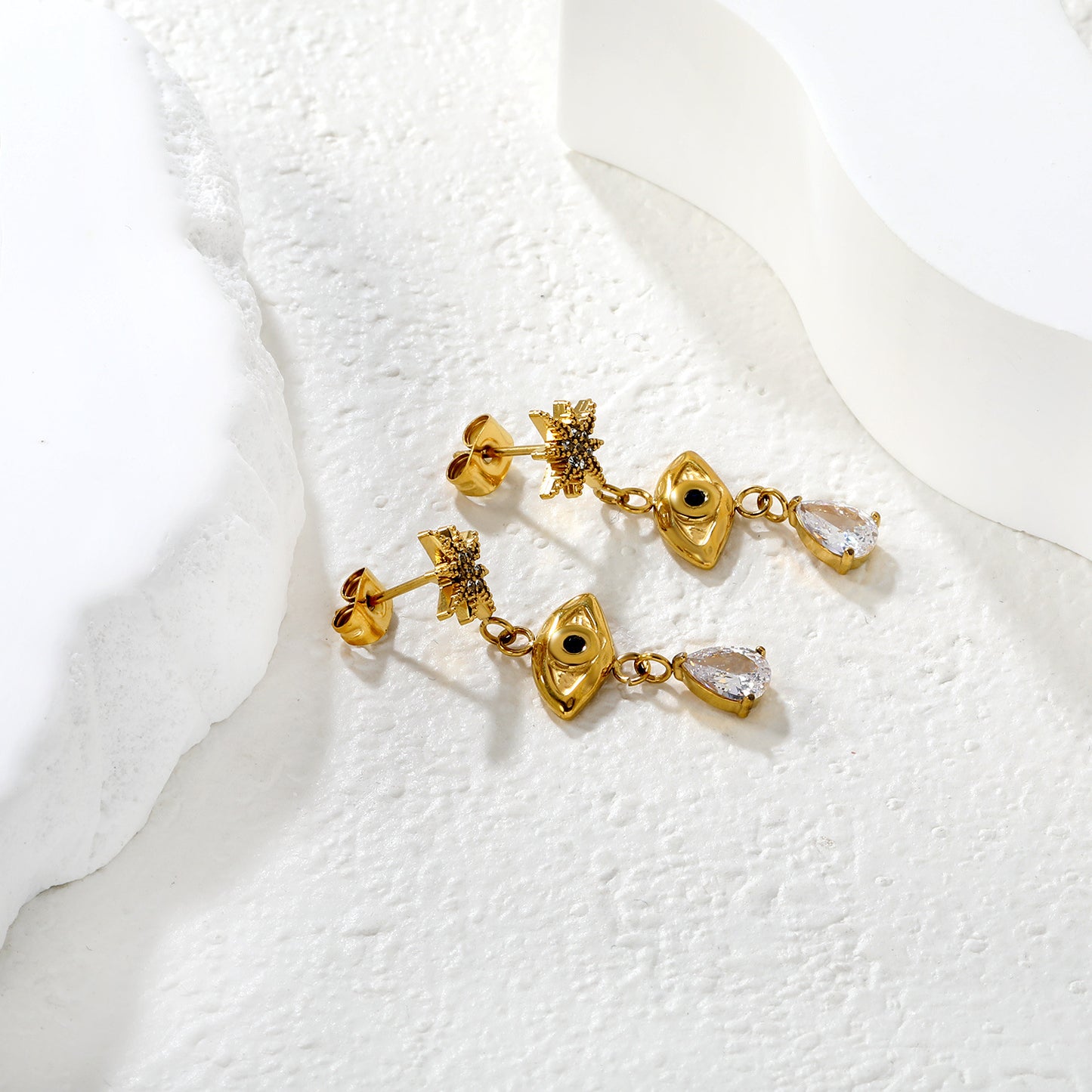 Bulk PVD Gold Sculpted Evil Eye, Starburst & Droplet Earrings