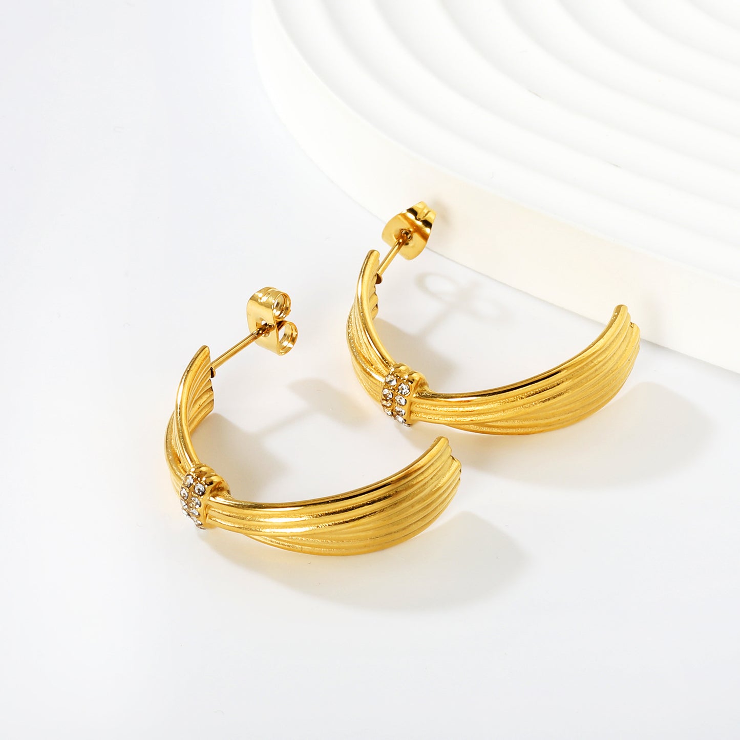 Light Luxury Twisted Rope C-Hoops with Micro-Pave CZ Stainless Steel