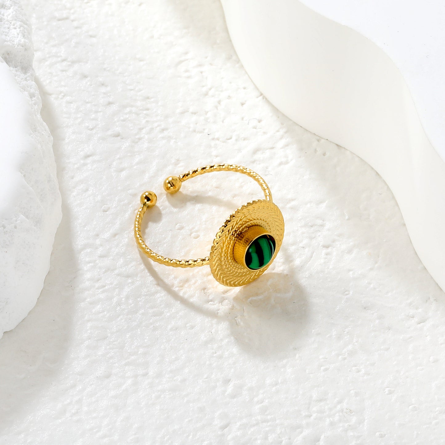 Wholesale Waterproof PVD Gold Sculpted Malachite Twist Open Ring