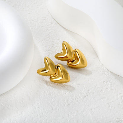 Wholesale Waterproof PVD Gold Double Layer Heart Stud Earrings
